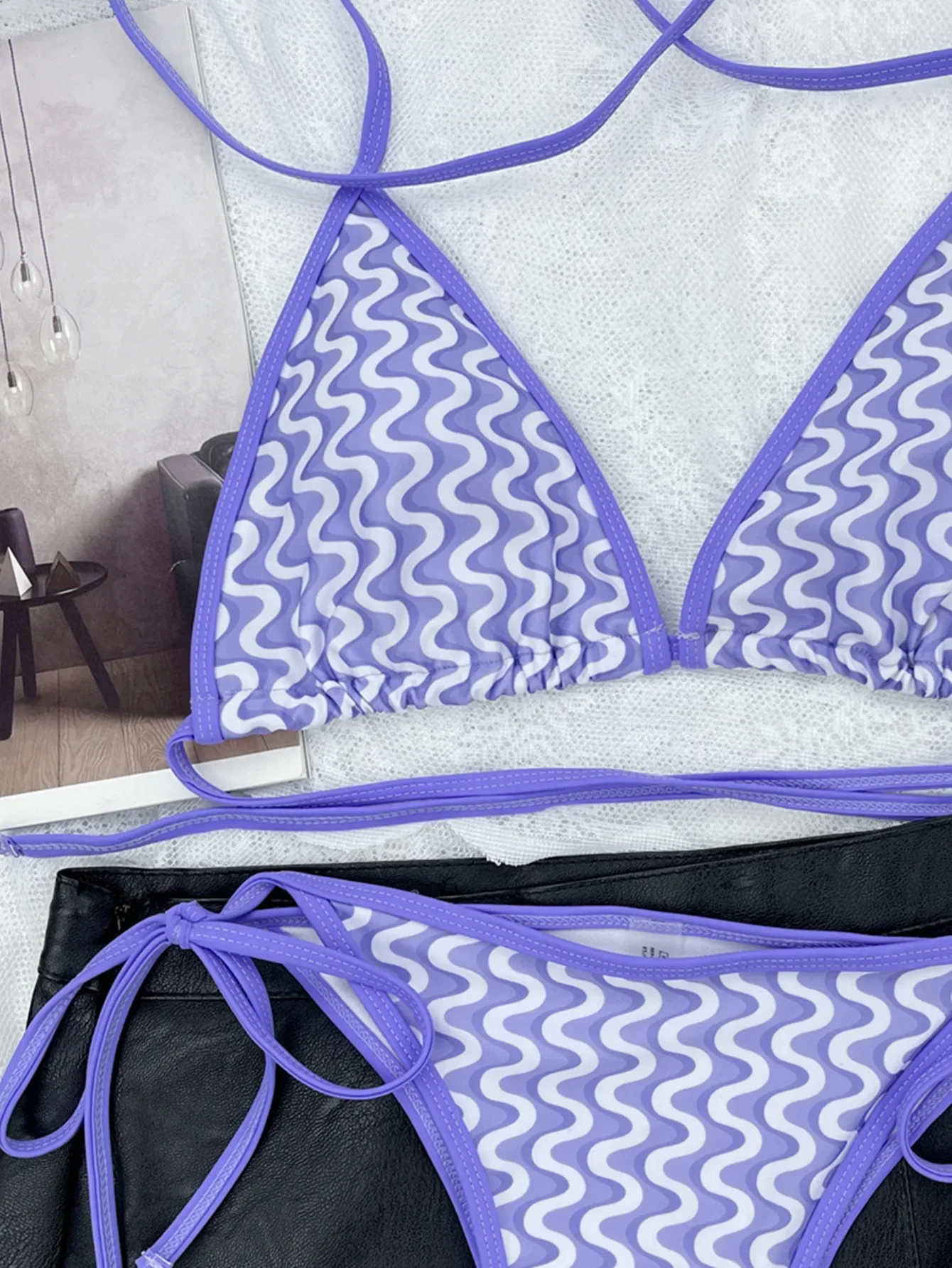 الأرجواني موجة طباعة بيكيني 2023 مثير مثلث كوب 2 قطعة ملابس السباحة الخامس الرقبة الحمالات Tankini النساء الدانتيل يصل الشاطئ ثوب السباحة LG42