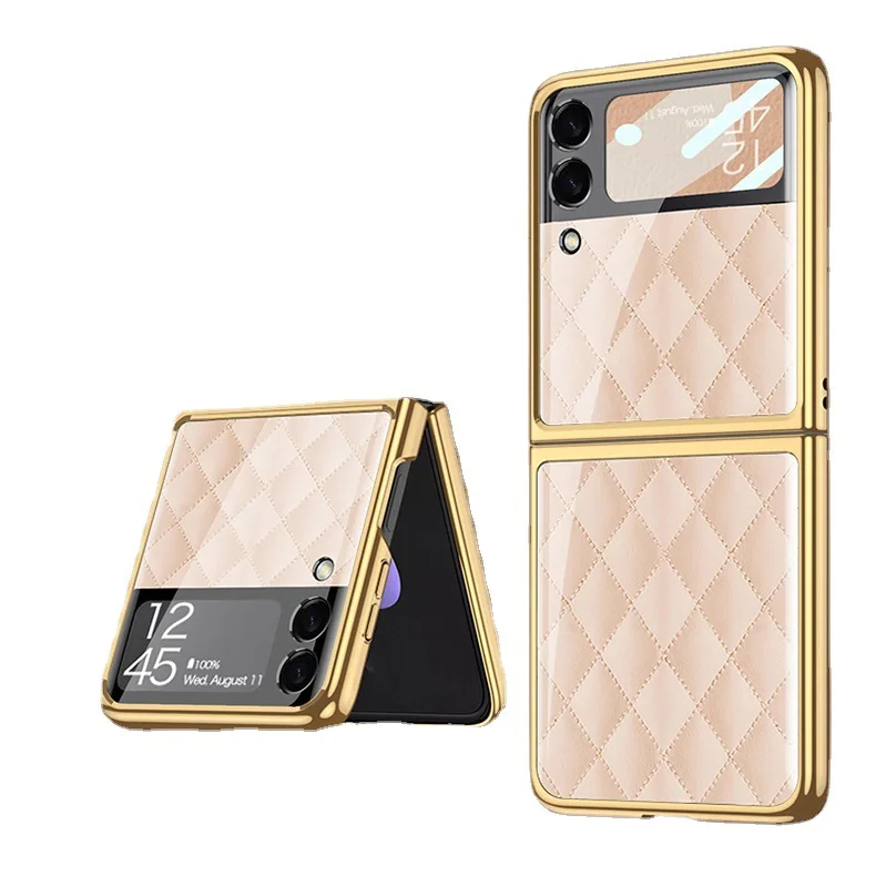 Electroplated Glass Case with Colorful Design: Pink Grid Anti-Drop Protective Cover, Compatible with Z Fold4 Foldable Phone