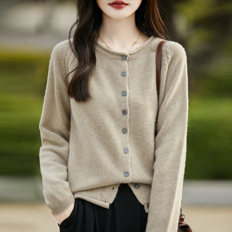 2024 Autumn Winter New Cashmere Sweater Women's Round Neck Cardigan 100% Merino Wool Knitted Solid Color Coat Fashion Korean Top