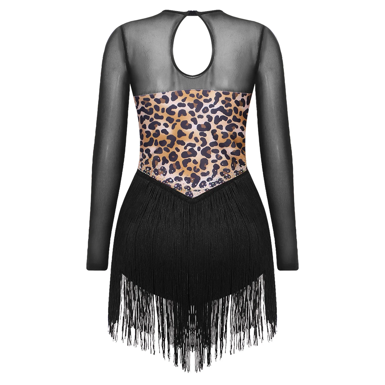 Women Cavewoman Leopard Printed Bodysuit Mesh Long Sleeve Rhinestone Back Keyhole Tassel Hem Buttoned Crotch Latin Dance Leotard