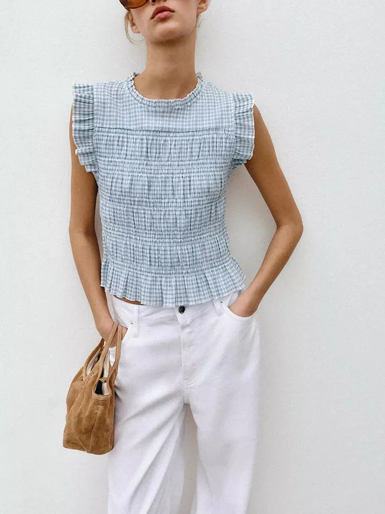 

Женский повседневный топ без рукавов с круглым вырезом в клетку, новая летняя коллекция 2026, для ежедневной носки, на все сезоны, 100% ткань