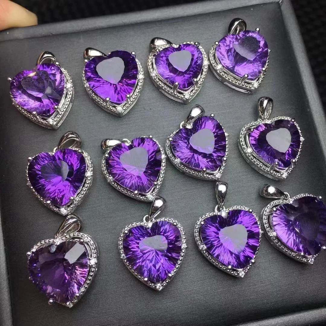 Unit One Piece 925 Silver Buckle With 15mm Natural Brazil Amethyst Faceted Crystal Gemstone Heart Pendant