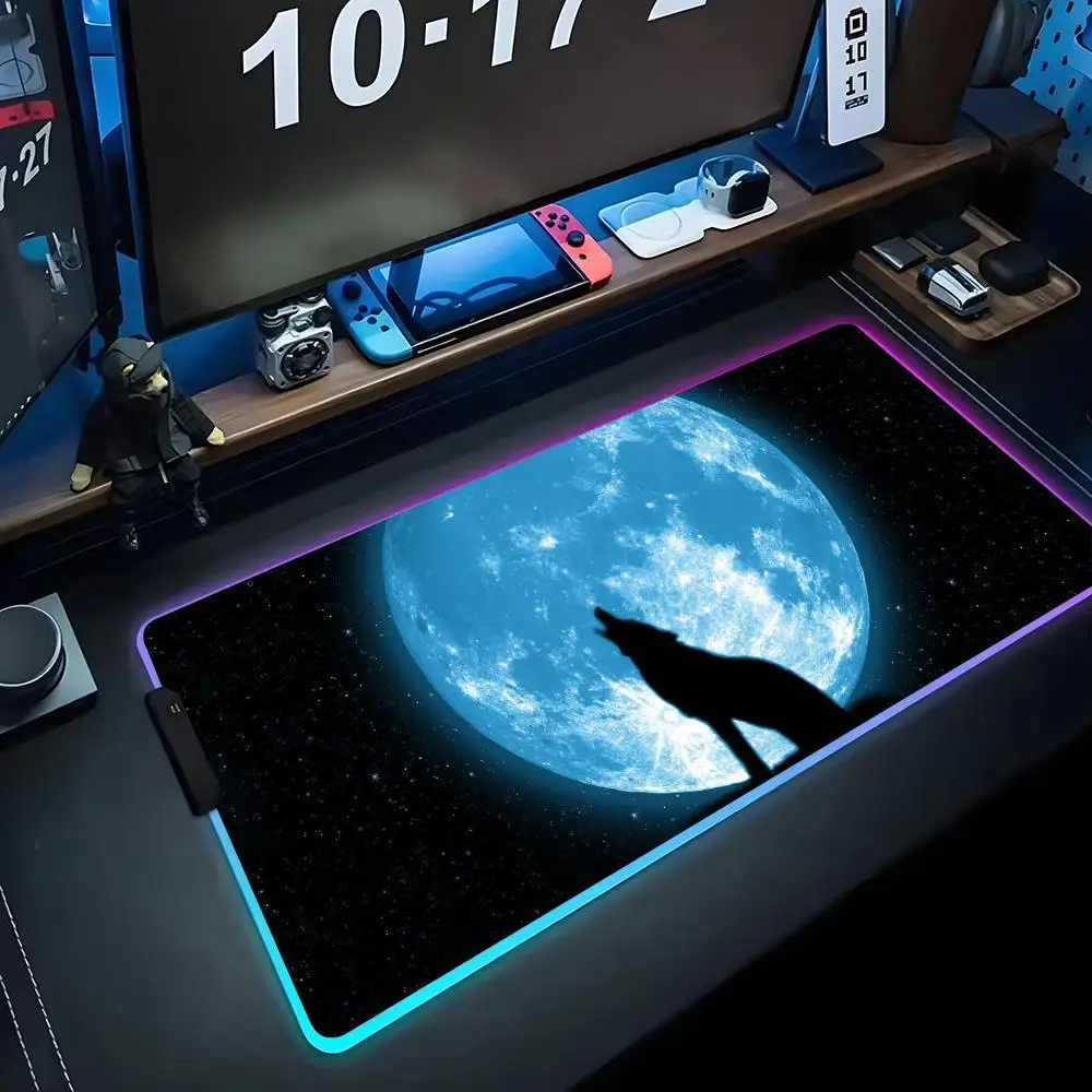 

wolf moon wallpaper Mouse Pad RGB Gaming Mousepad Big LED Pad PC Desk Mat Luminous Mouse Pad Large Keyboard Mats Table Rug With