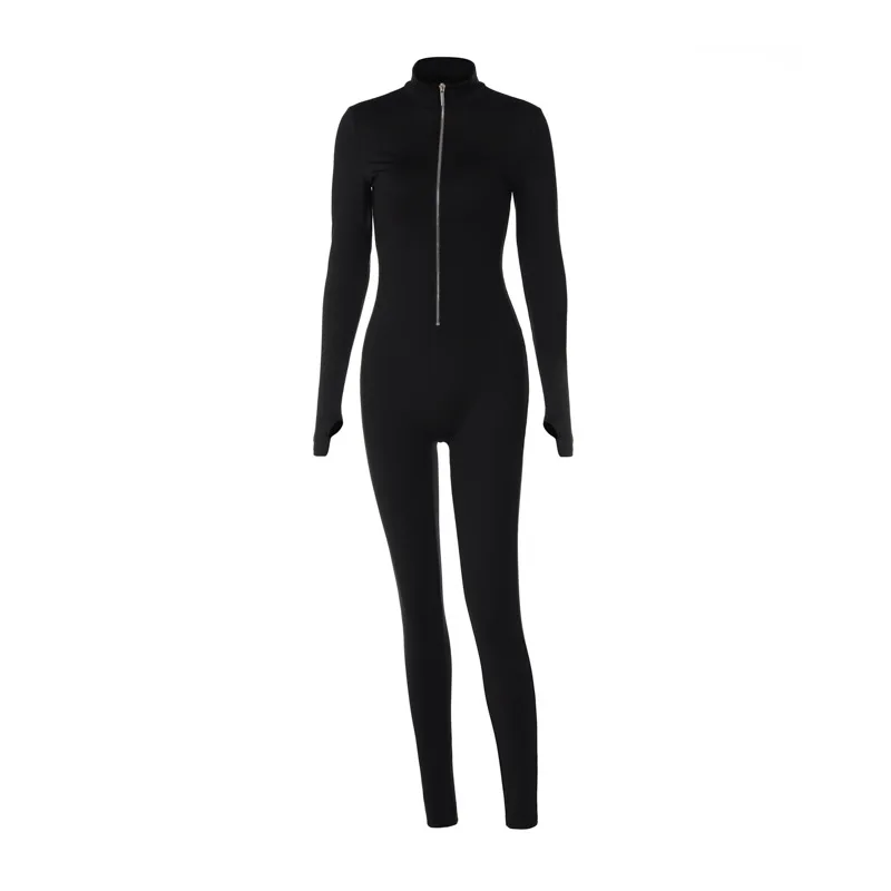 Black white Bodycon Jumpsuit Women‘s’ Sportswear Rompers 2020 Spring Summer Fitness Long Sleeve Zipper Elastic Bodysuit Clothes