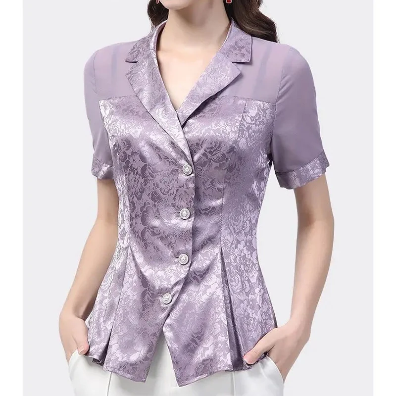 Office Lady Solid Patchwork Button Chiffon Shirt Summer 2023 New Notched Collar Short Sleeve Slim Cardigan Tops Women\'s Clothing