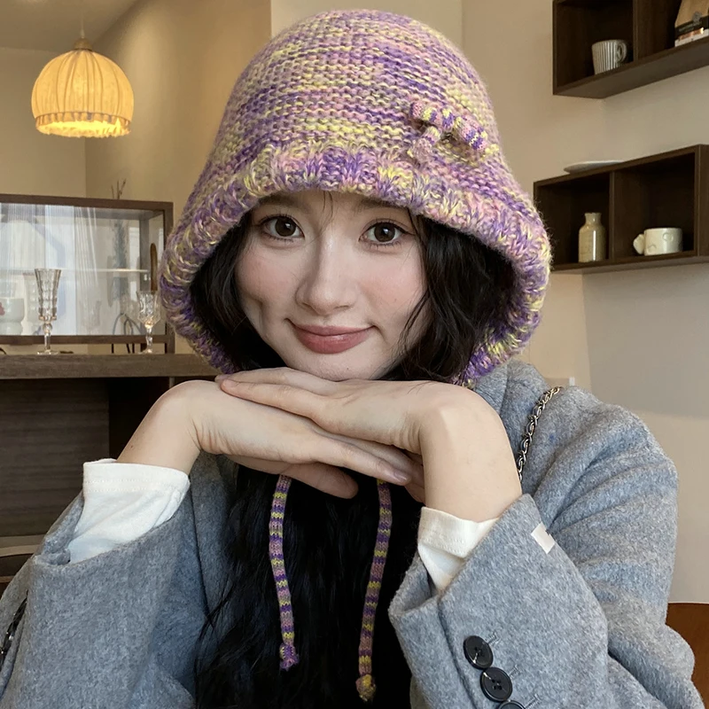 Winter Fisherman Hat Women Windproof Hooded Hat Skullies Colorful Knitted Drawstring Balaclava Outdoor Warm Hat Beanie Cap