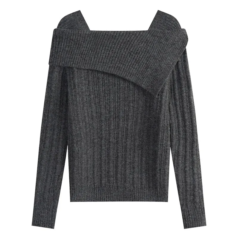 French Fashion One Shoulder Gentle Sweater Women's 2024 Winter Lazy Style Long Sleeve Slim Fit Pullover Top Female Clothing