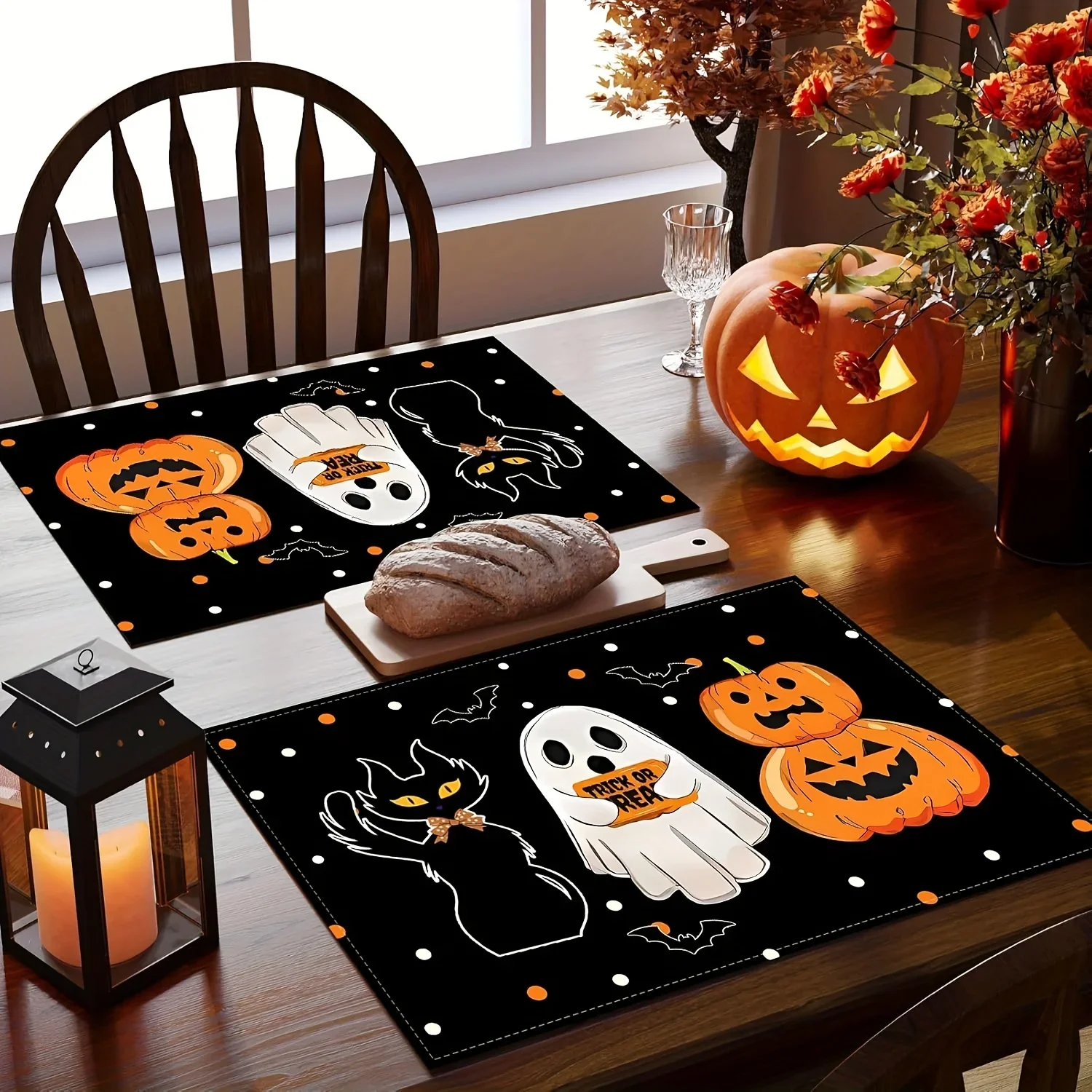 

4pcs Halloween Placemats: Pumpkin Cat Table Mats Suitable for Home Kitchen Party Holiday Decor - Linen Halloween Theme