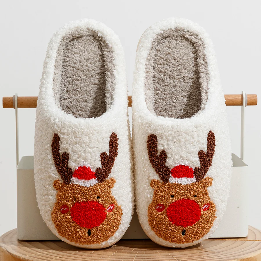 Cute Elk Christmas Slippers Winter Warm Soft TPR Thicken Sole Women Men Houseshoes Cushion Slides