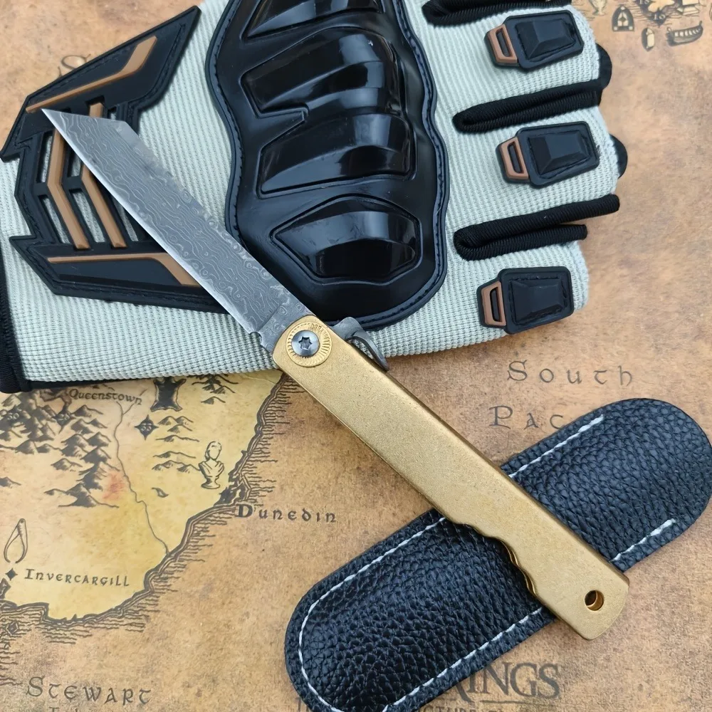 Retro Blade Folding Knife Brass Engraved Handle High Hardness Blade Portable Everyday Carry Knife