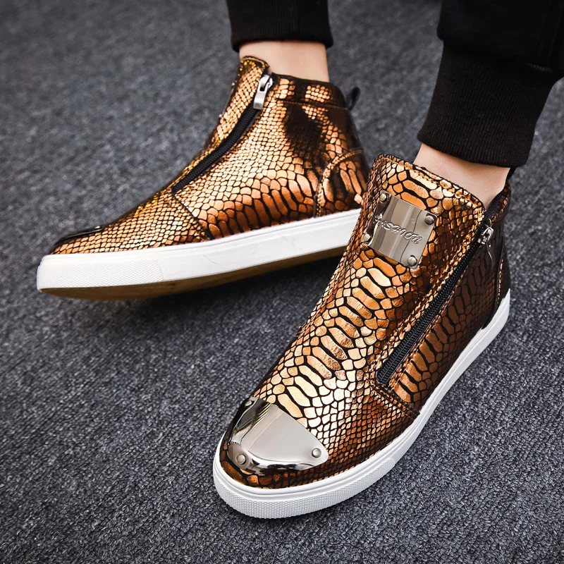 Hot Zipper High Top Sneakers Men Fashion Crocodile Leather Shoes For Men Luxury Golden Casual Sneakers Male Hip Hop Rock Shoes