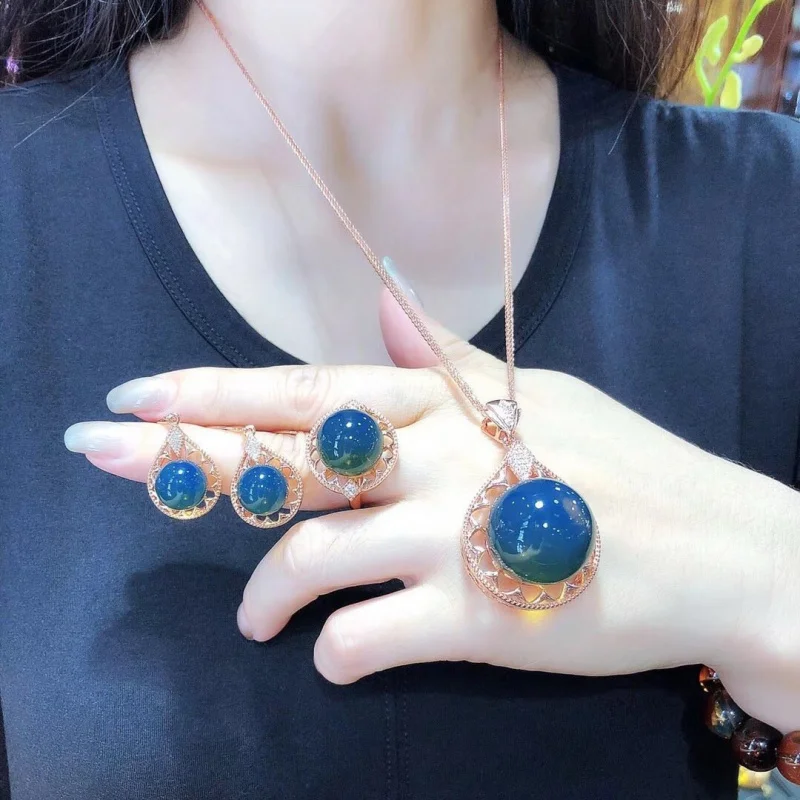 

21mm15mm11mm Mexican Blue Amber Inlaid S925 Silver Jewelry Set