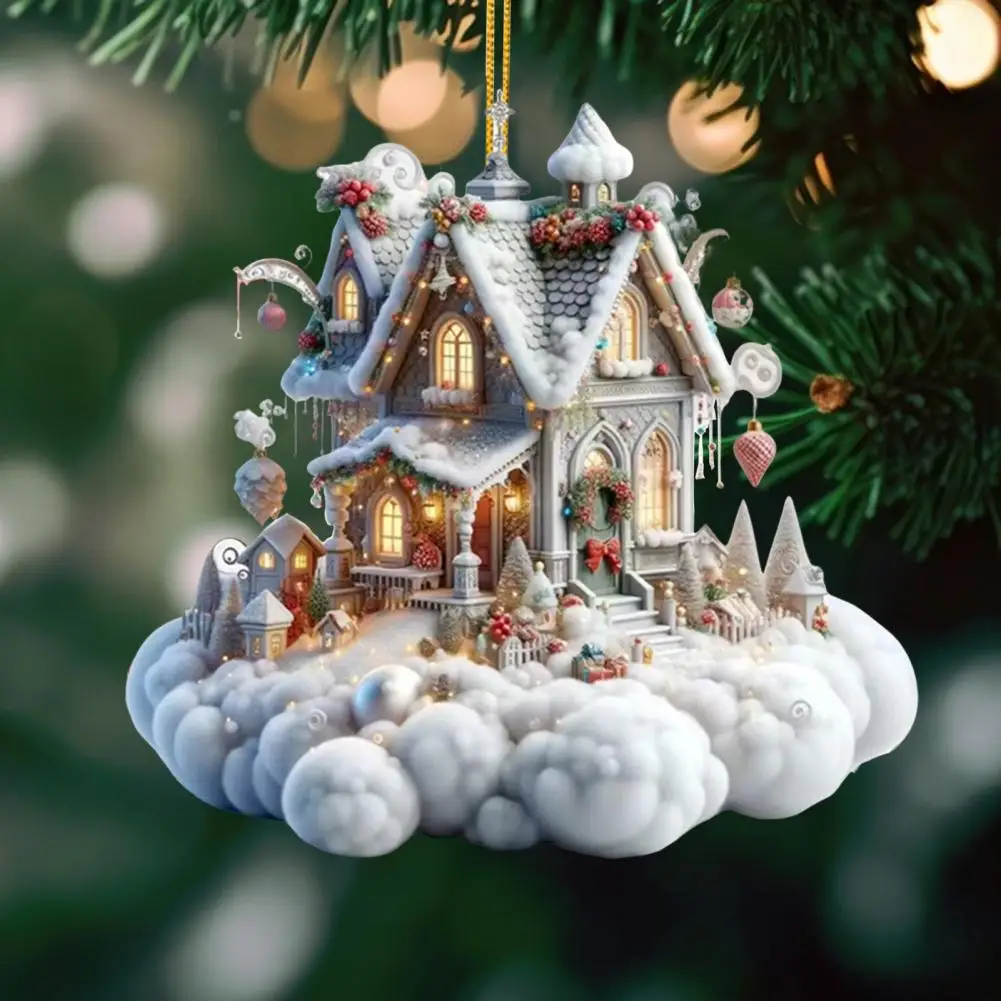 Christmas House Pendant Acrylic 2D Flat Hanging Ornament Mini Cartoon Christmas House Decoration for Tree Mantel Car