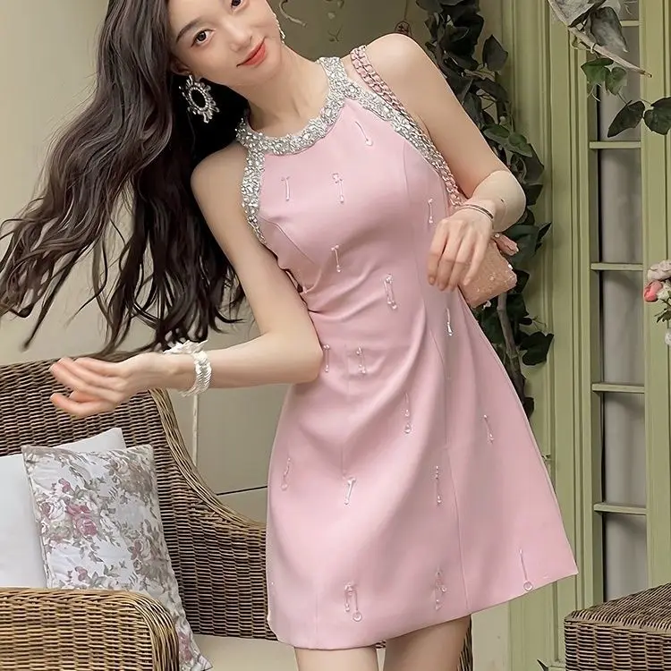 Francese goccia d'acqua paillettes diamante collo vita dimagrante abito nero estate perline con spalle scoperte senza maniche abito corto per le donne