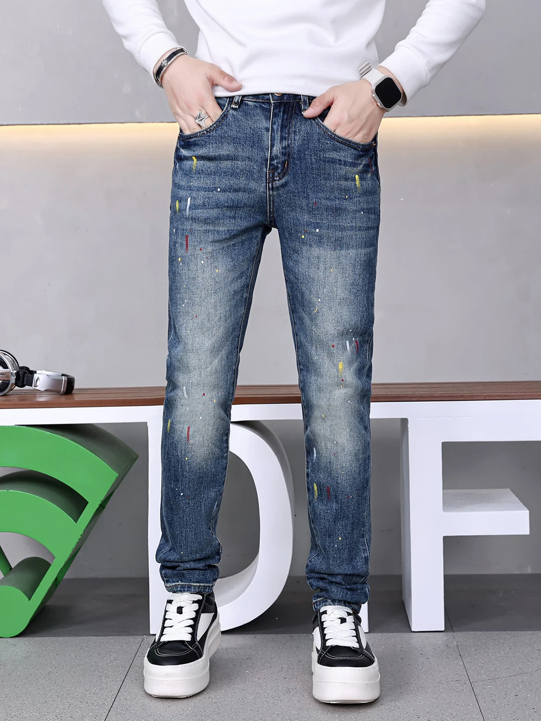 

High-End Retro Men's Denim Jeans Casual Waed Ink Splatter Slim Fit Spring Autumn Versatile Long Pants Chinese Brand