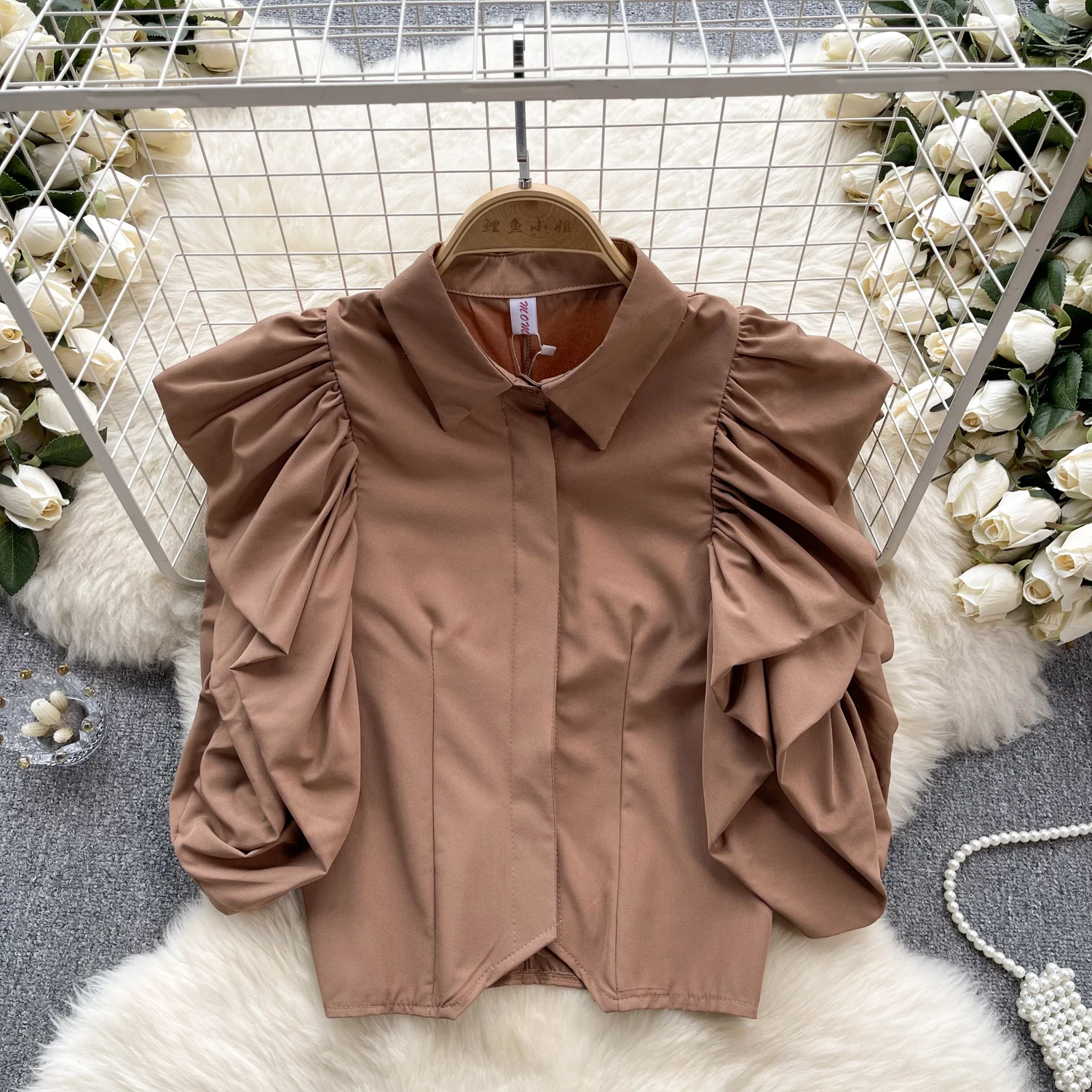 French Vintage Elegant Puff Sleeve fold turn-down collar Blouse Fashion Chic Top Fairy Spring Summer Women Shirt