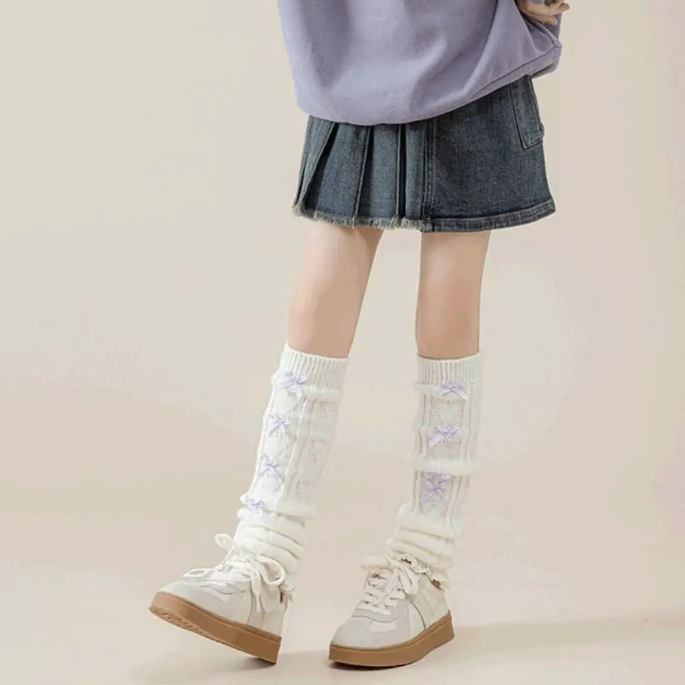 

Kawaii Korean Style Children's Leg Warmers JK Lolitas Knitted Leg Cover Woolen Foot Cover Plaid Bow Socks Girls