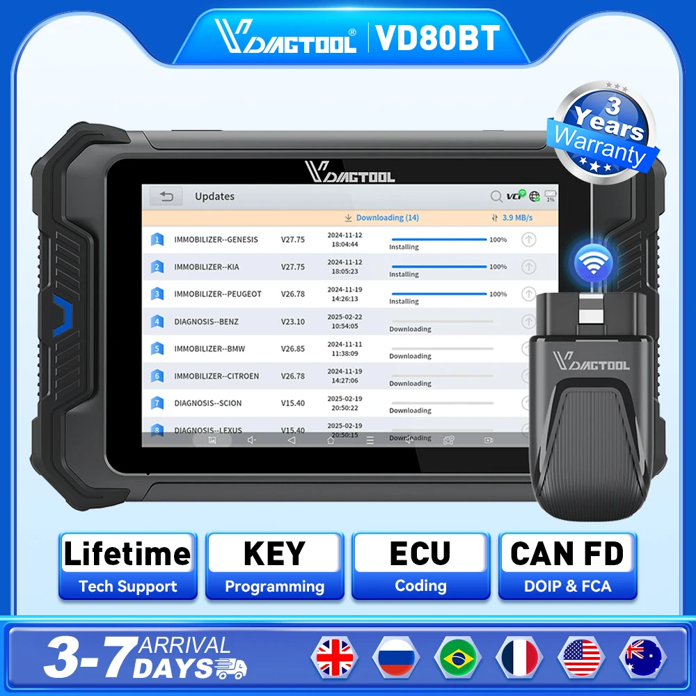 

VDIAGTOOL VD80 BT Автомобильные диагностические инструменты Программатор ключей 42 Сброс OBD2 Сканер Топология Карта Предварительно/сканирование ECU Кодирование CANFD/DoIP/FCA