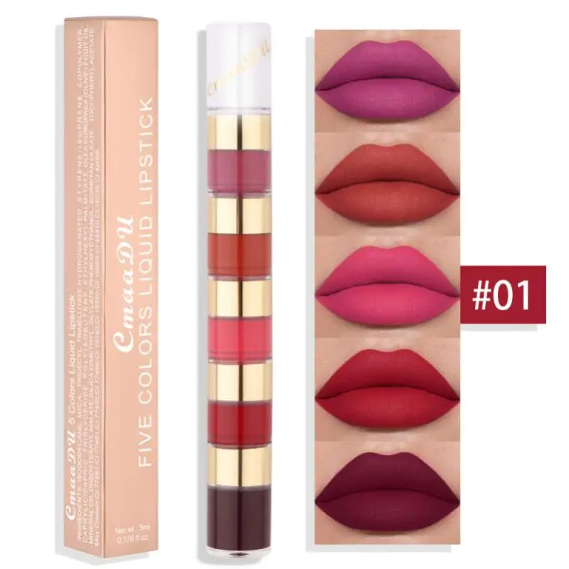 5 in 1 matten Lippenstift Kit Combo Streifen Samt sexy rote Lippen tönung Antihaft Tasse Lip gloss Lip Öl Make-up Lippen Kosmetik Set