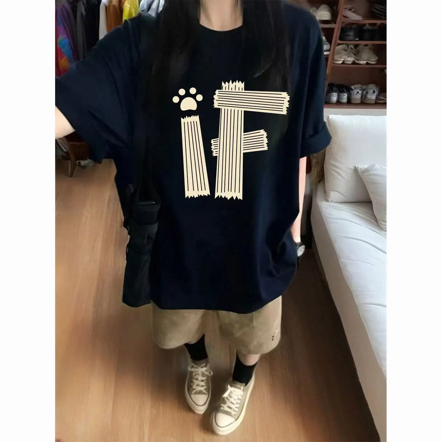 

100% Cotton Short-sleeved T-shirt Women's Medium and Long Trend Letter Printing Korean Version Oversize Loose and Versatile Top