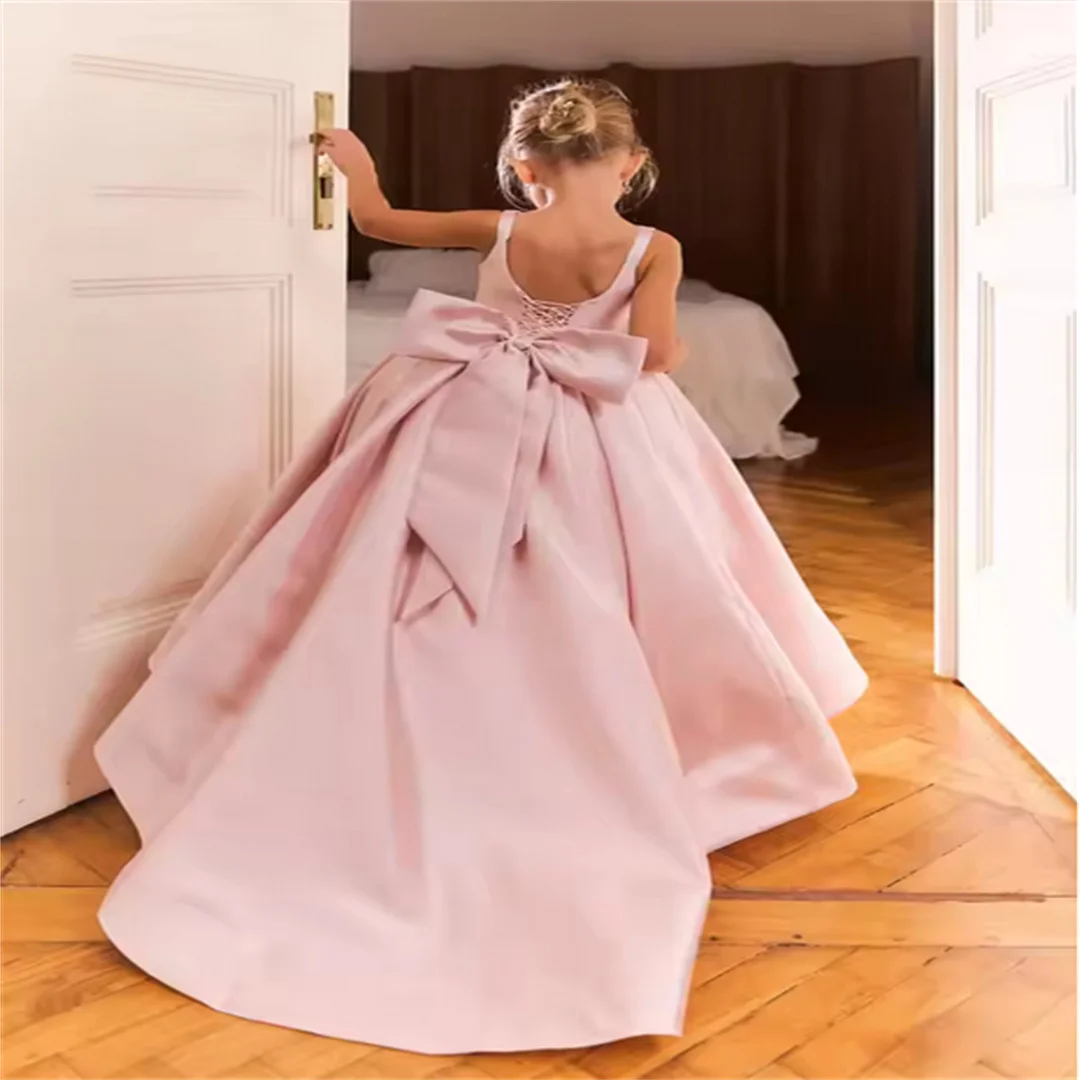 맞춤형 성찬식 블러쉬 핑크 플라워 걸 드레스 웨딩용 새틴 소녀 생일 파티 드레스 청소년용 바닥 길이 성찬식 드레스