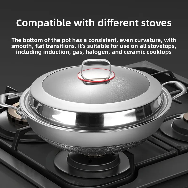 DSA binaural stainless steel wok non-stick flat bottom large household cooking less oil fume uncoated double-sided screen