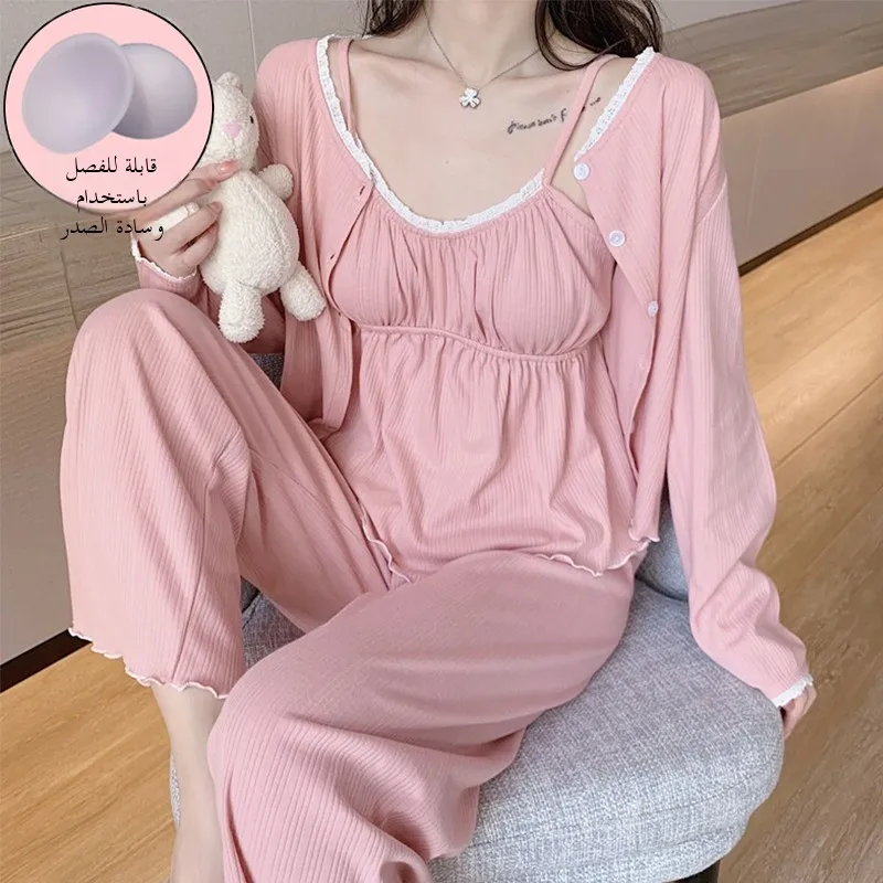 

Pure Cotton Long Sve Spwear Set for Women Spring Autumn Winter Tee Piece Home Clothes Sweet Sle V Ne Button Front