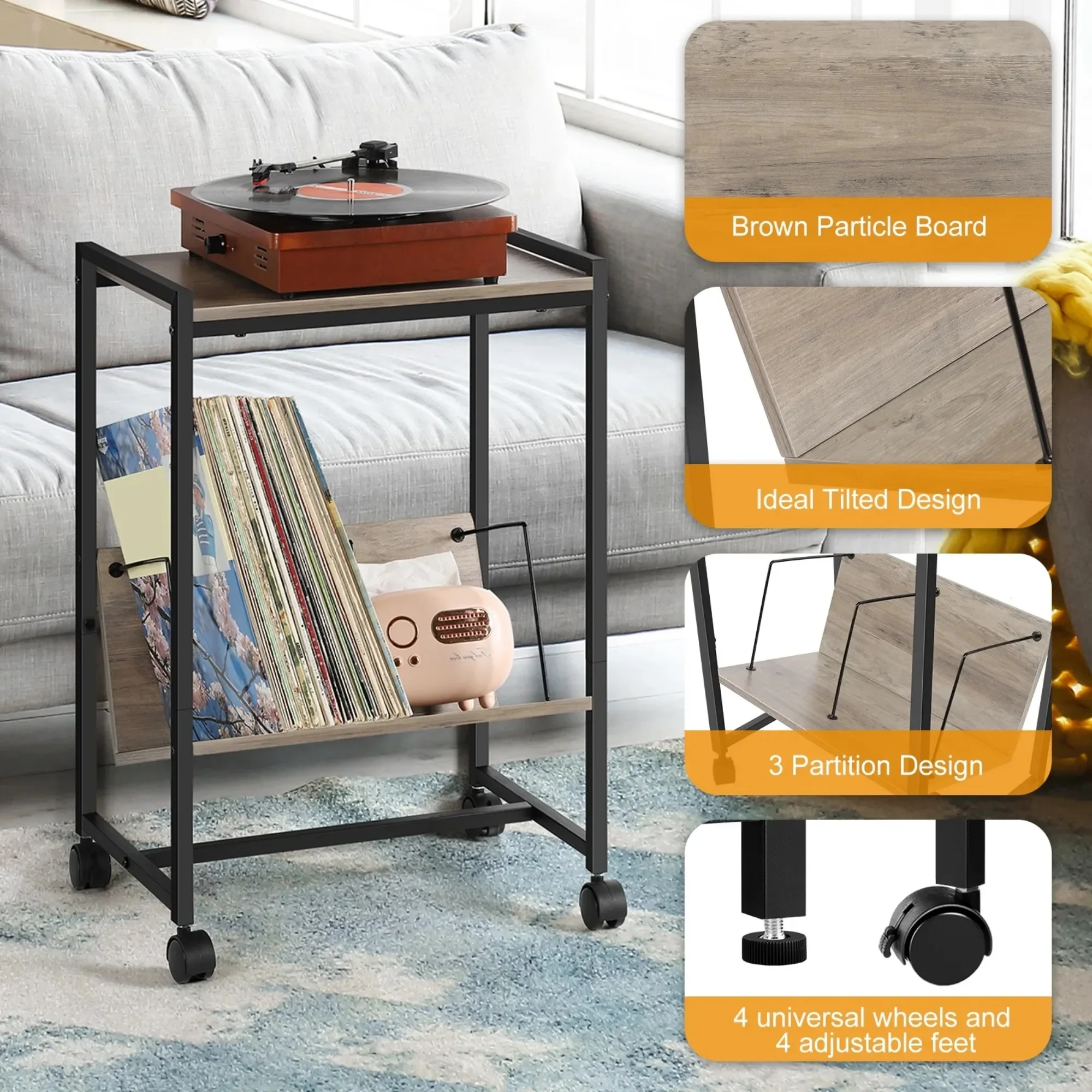 Supporto portatile per giradischi grigio a 2 livelli con ruote, ripiano in vinile per tavolino da soggiorno e camera da letto