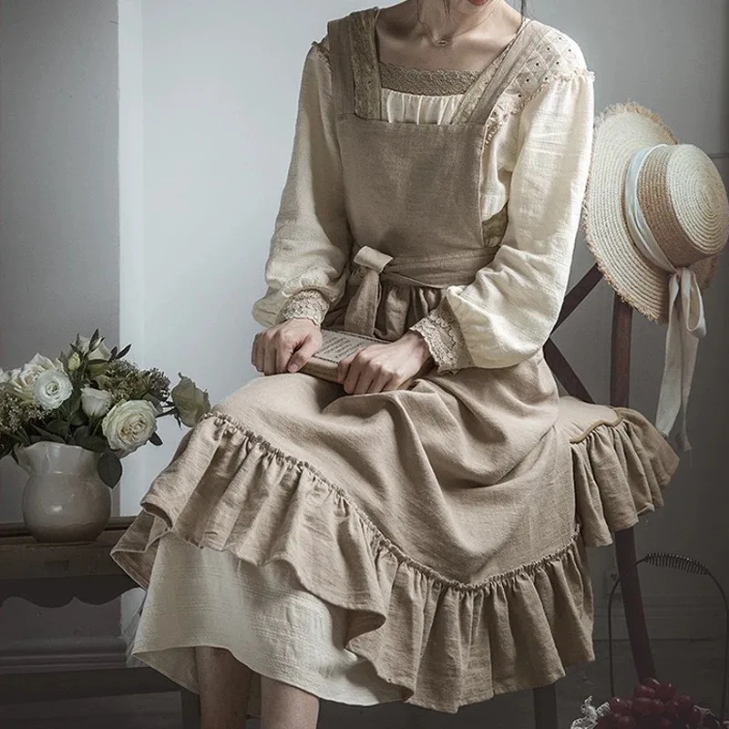 

Retro Lotus Leaf Edge Plain Apron Made Of Pure Cotton Thickened With High Aesthetic Value Floral Designer Waterproof Apron