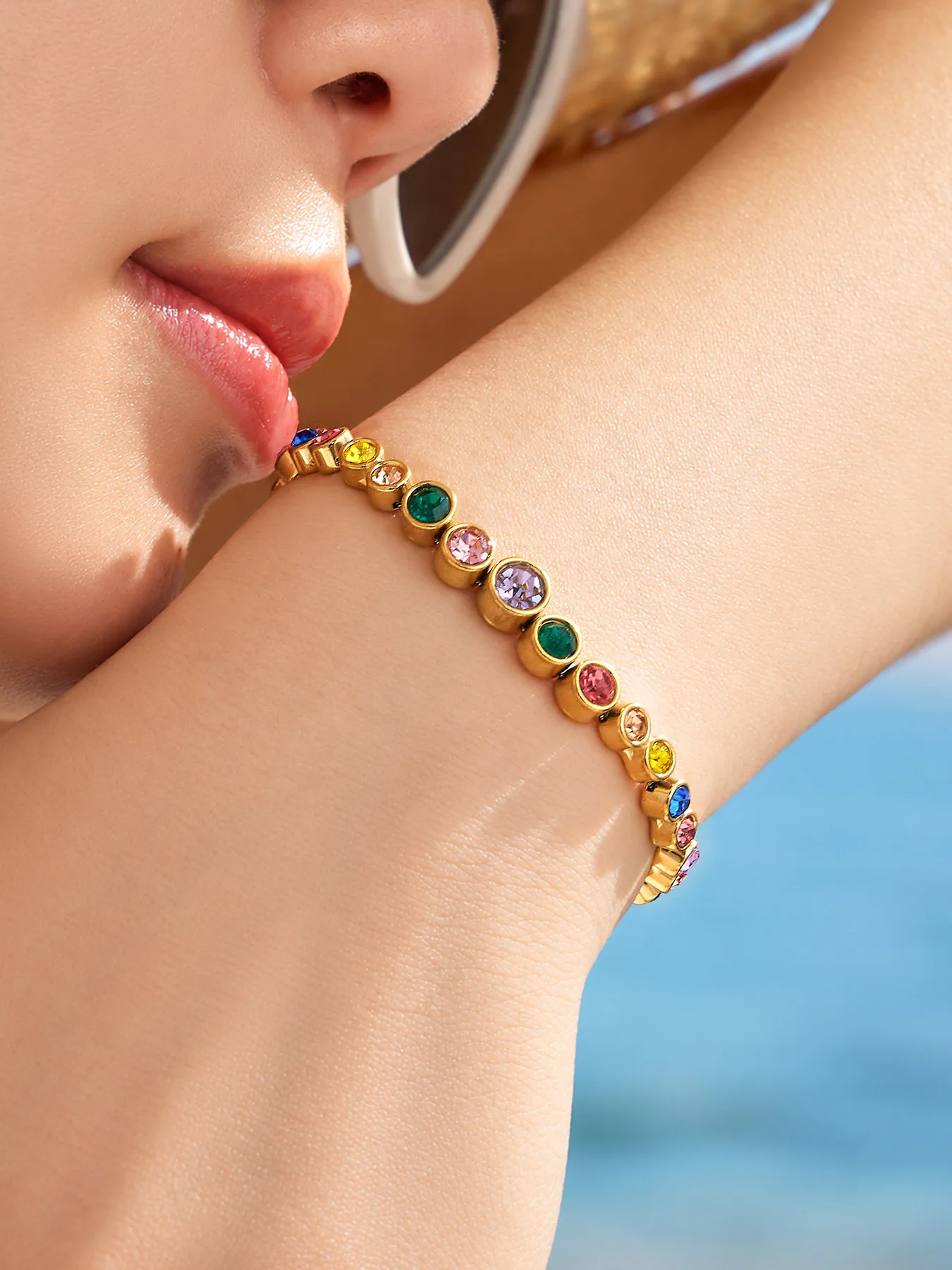 Boho Farbiger Zirkon Tennis-Schmuckset für Damen 18K Vergoldetes Edelstahl Farbverlauf Runde CZ Halskette Armband Ohrringe – Detail 7