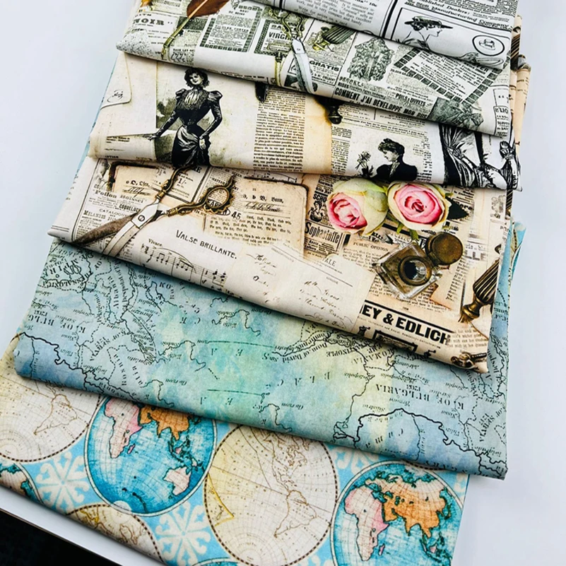 Newspaper Fabric Map Retro Vintage Digital Printed for Handmade DIY Sewing Accessories