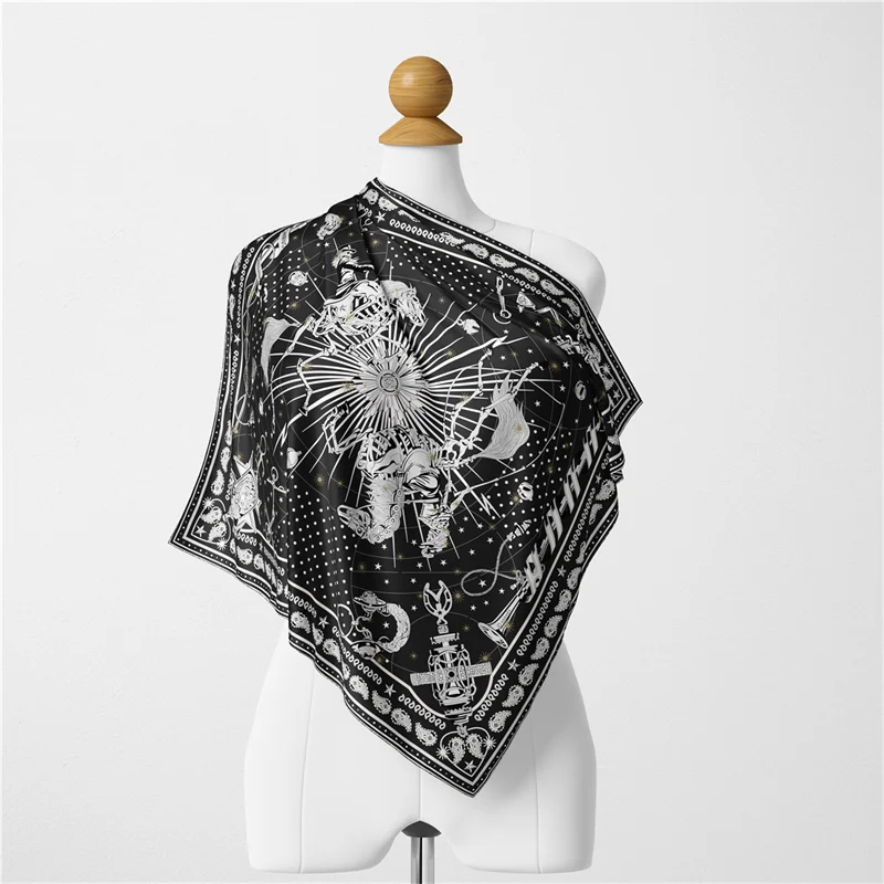 Twill Silk Scarf Woman Geometric Painting Square Scarves Wraps Bandana Small Hijab Silk Foulards Tie Headband Neckerchief 53CM