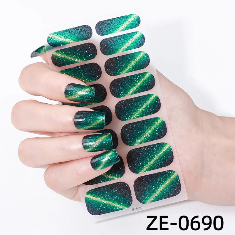 16Tips Glitter Cat Eye Full Cover Nail Sticker Gradient Nail Polish Strips Long-Lasting Self Adhesive Manicure Art DIY Decor