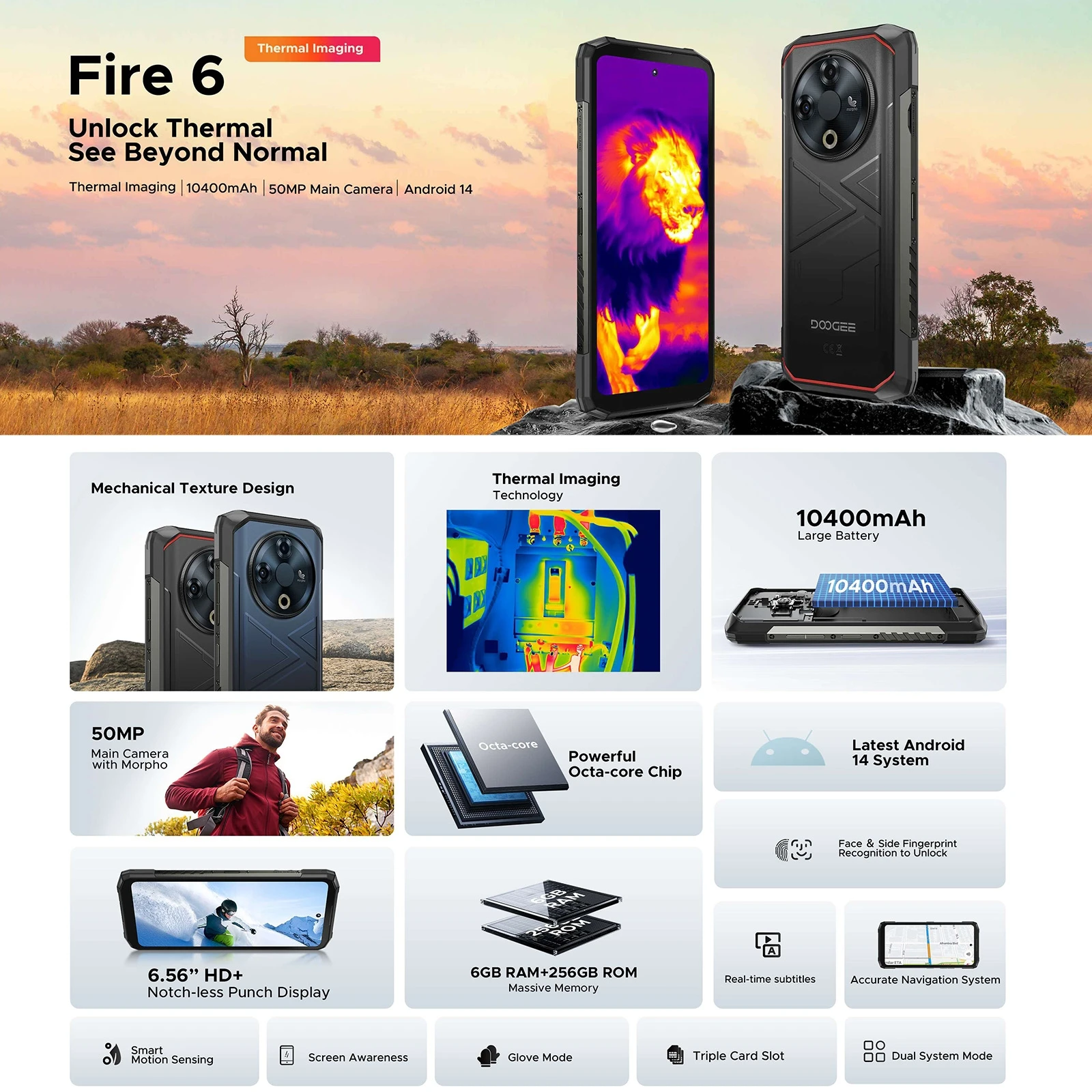 DOOGEE Fire 6 Rugged Phone Thermal Imaging 6GB+256GB 6.56