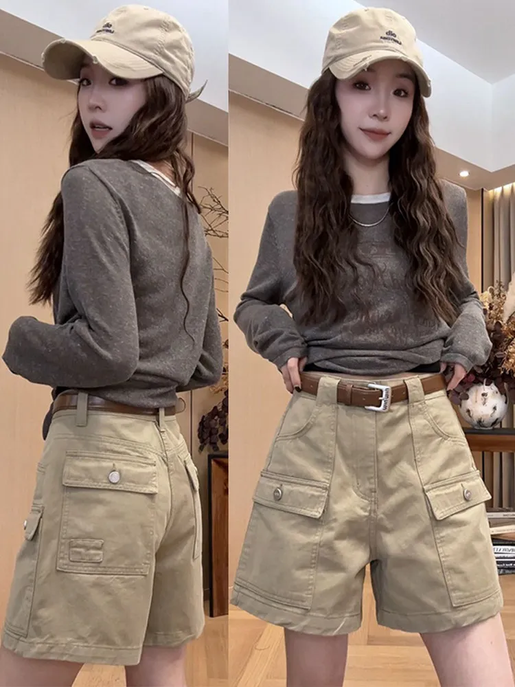American Streetwear Workwear Shorts Women Summer New Multi-Pocket Large Size Loose Slimming Straight Leg Pants