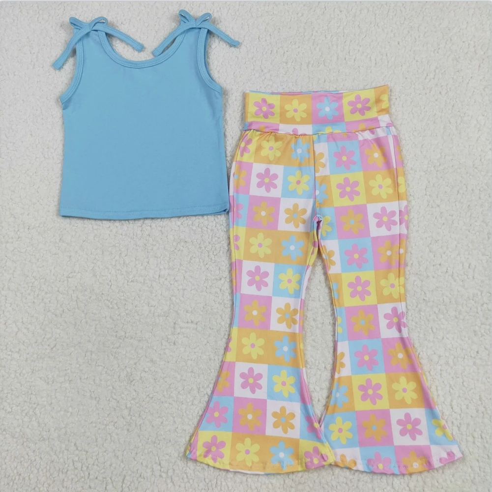 

fashion RTS boutique Blue Top Flowers Plaid Bell Bottom kids clothes sets toddler girls spring outfits Sets for childreb
