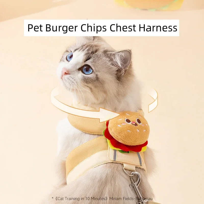 Pet Chest Harness with Rope for Cats and Dogs, Cartoon Hamburger Chips Design, Walking Tow Rope, Escape Proof Vest Cat Collar