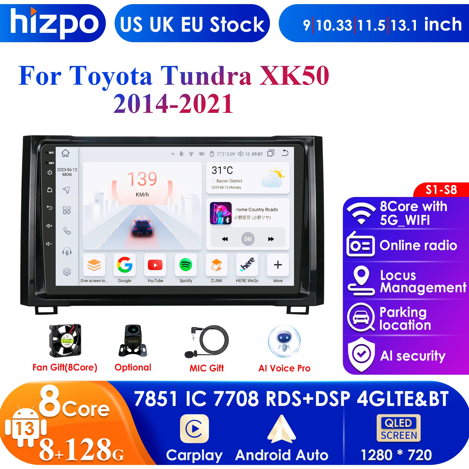 13.1'' 7862 AI 2din Android 13 Car Radio Multimedia Video Player for Toyota Tundra XK50 2014- 2021 Navigation GPS Carplay 4G RDS