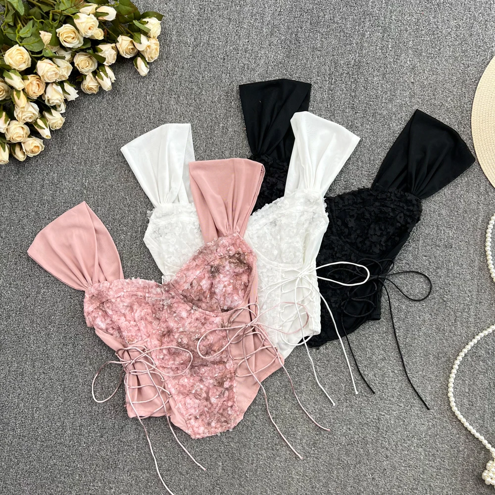 

Pink Lace ort Crop Top Csole Tank Top Women's Inner Wear Outerwear Sexy Sweet Spicy Fibone Tie Top Summer Faion