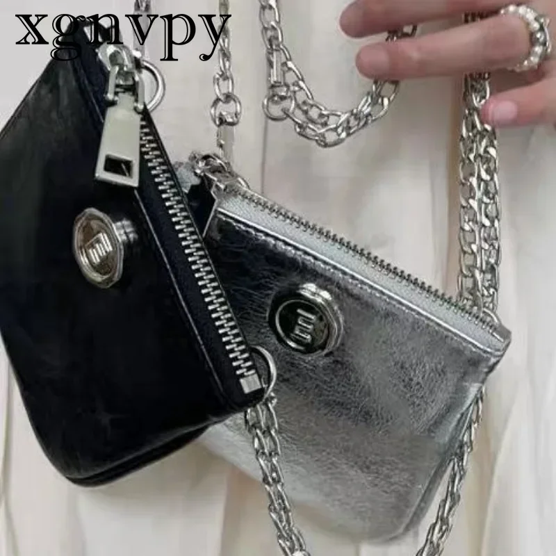 xgnvpy Korean Ins Fashion Mini PU Bag Black Silver Zipper Crossbody Women Lipstick Card Money Holder Compact Purse Storage Pouch