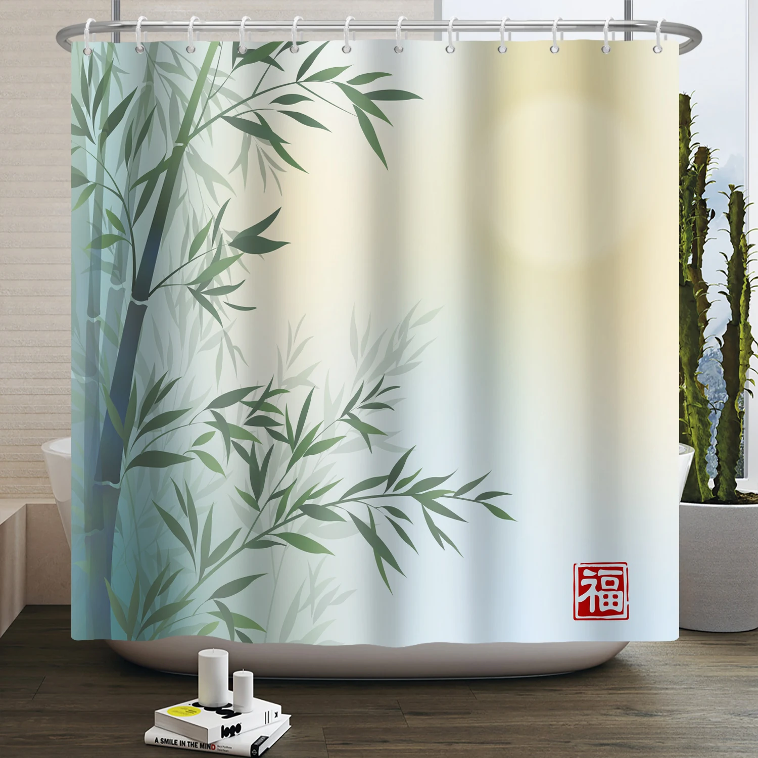 

Chinese Style Bamboo Shower Curtain Minimalist Green Bamboo Print Waterproof Bath Curtain For Bathroom Decor Polyester With Hook