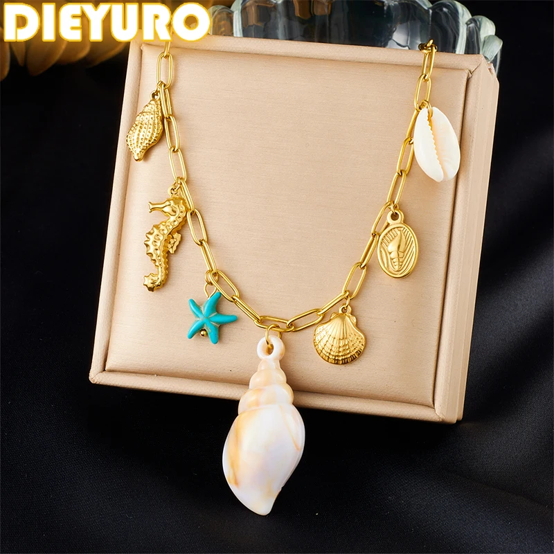 

DIEYURO 316L Stainless Steel Sea Star Sea Horse Scallop Sea Conch Necklace Lady New Fashion Trend Neck Chain Jewelry Party Gift