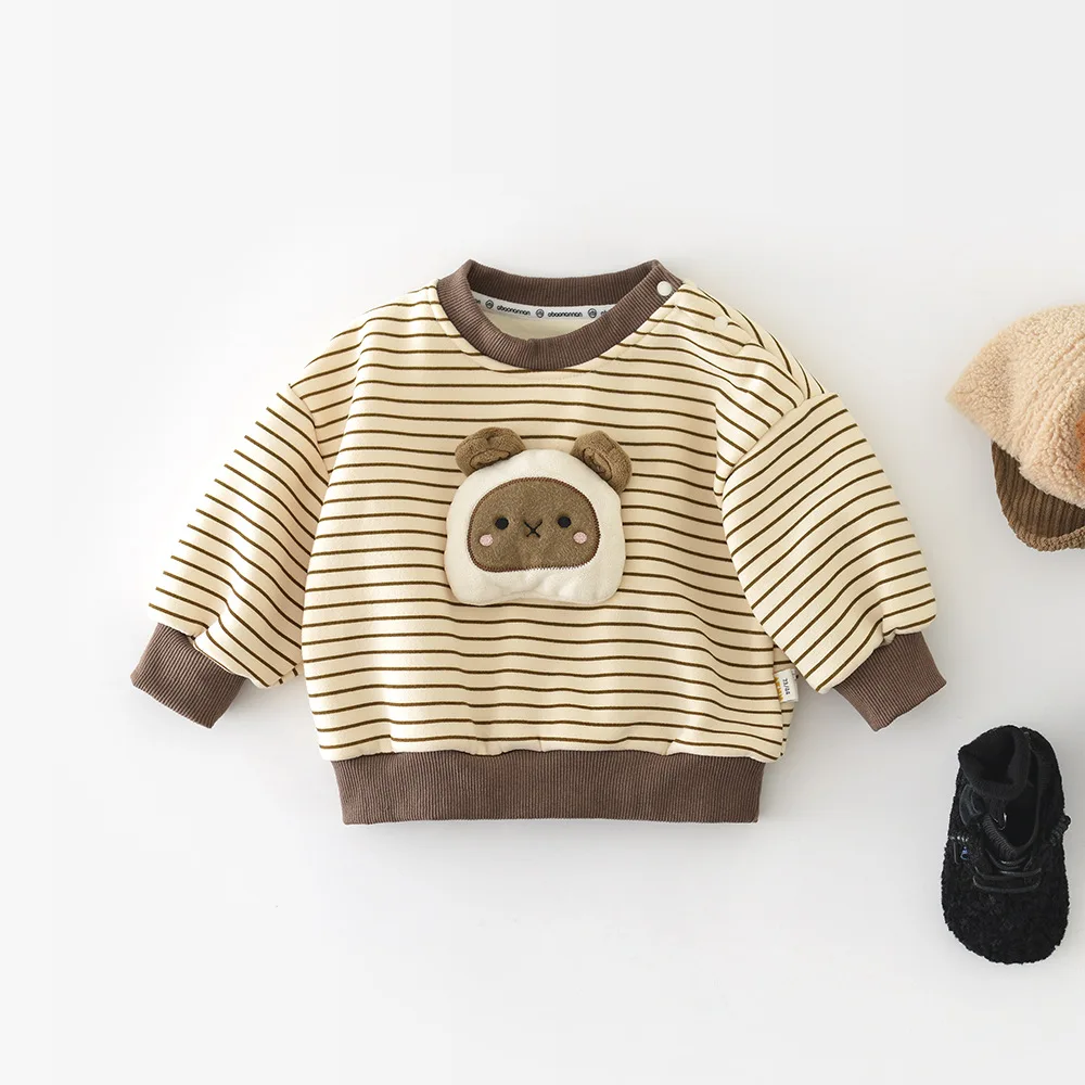 

2025 Winter New Baby Fleece Sweatshirt Girls Striped Pullover Plus Velvet Thick Infant Boys Casual Tops Toddler Warm Clothes