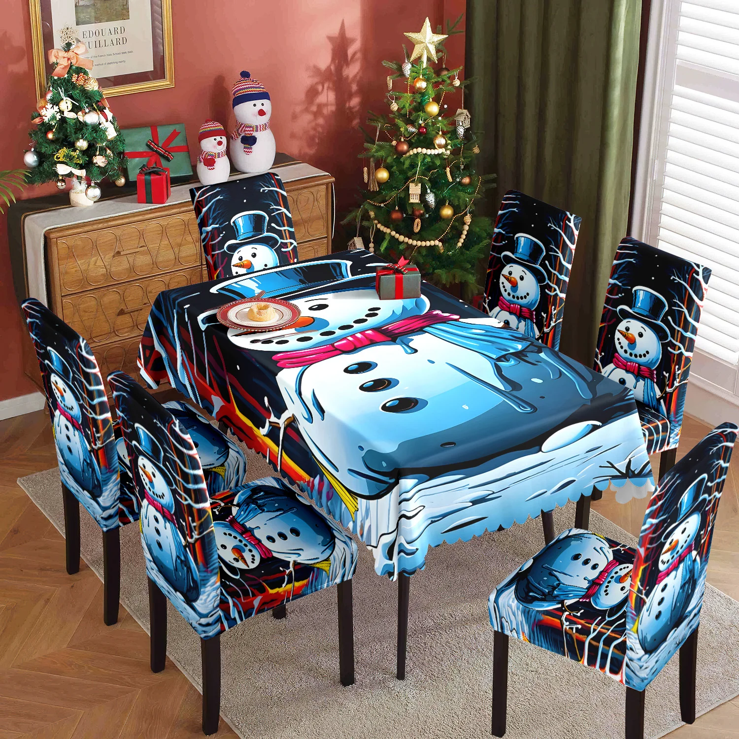 

5/7pcs Christmas table and chair covers, home stretch chair covers and tablecloths, punk style snowman prints, washable