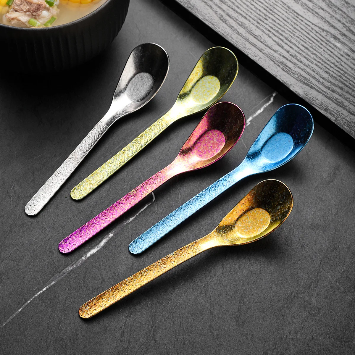 Ice Flower Pure Titanium Spoon Crystal Soup Spoon Hammered Deep Head Eating Spoons Beauty Kitchen Coffee Tea Table Accessories