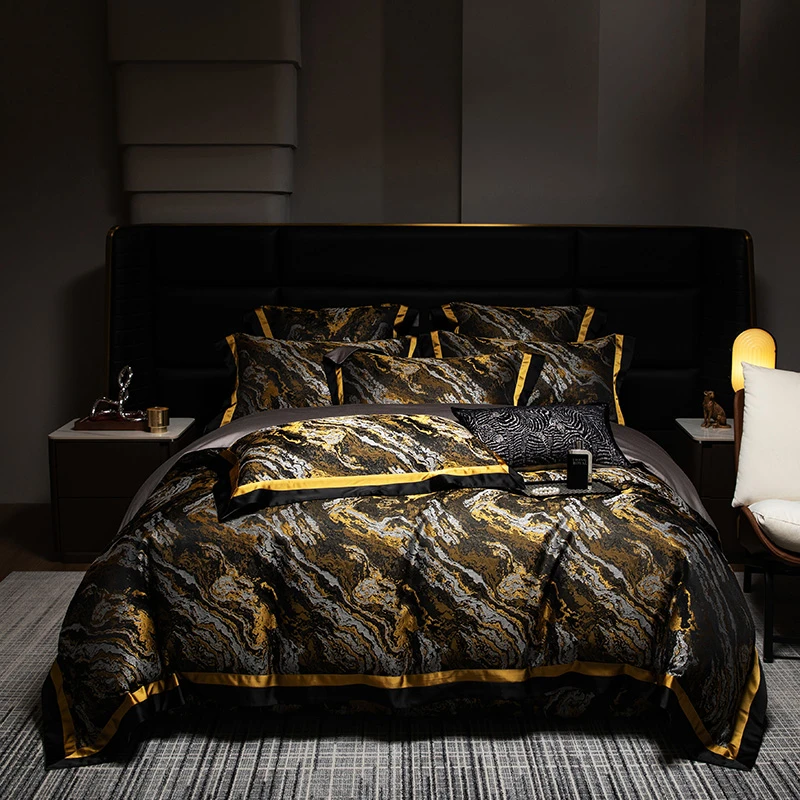 Luxury Black Gold Satin Jacquard Bedding Set 1000TC Cotton Elegant 4/7Pcs Collection Bed Sheet Bedspread Duvet cover Pillowcases