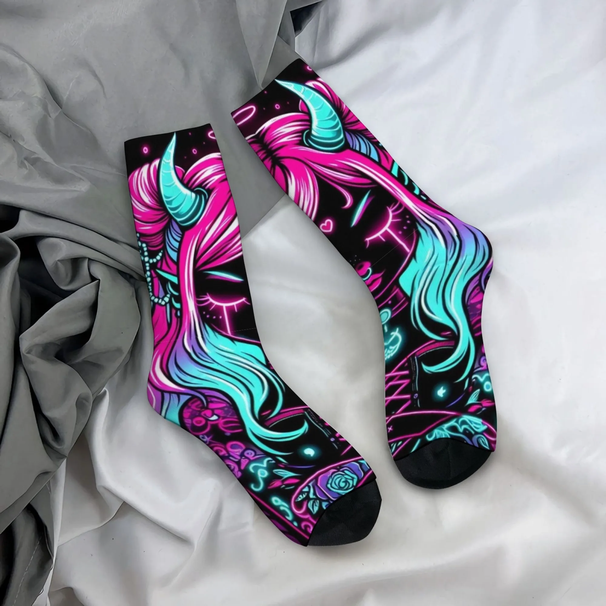 1 Pair Evil Girl Men Socks Vintage Harajuku Hip Hop Style Novelty Crew Socks for Casual Wear Playful Sock Design Stretchy
