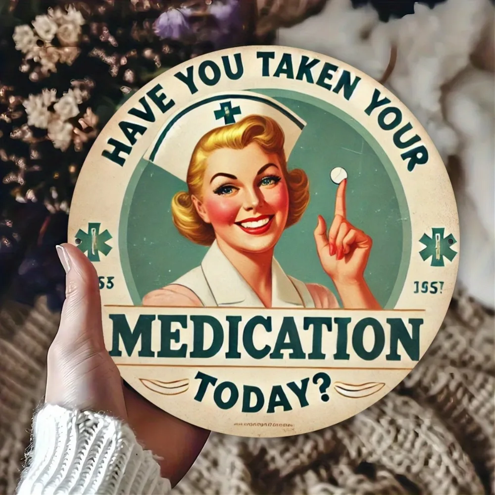 Vintage Metal Medication Reminder Sign, Retro Pharmacy Tin Plaque Wall Decor for Kitchen Bar Cafe