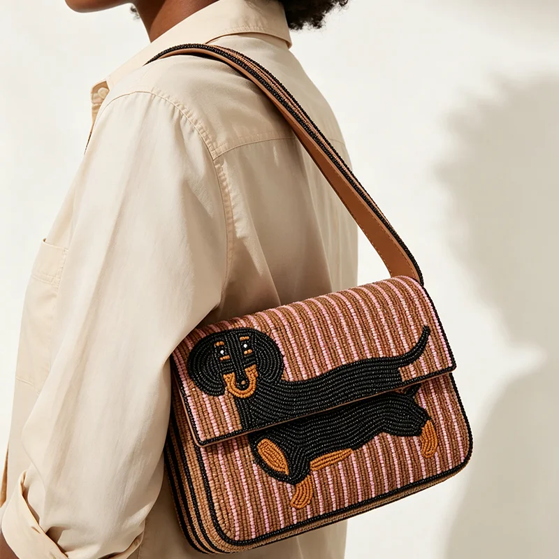 Beaded Embroidered Cartoon Dachshund Dog Shoulder Bag,Vintage Cute Handbag,Retro Lightweight Casual Purse,Gift For Dog Lovers