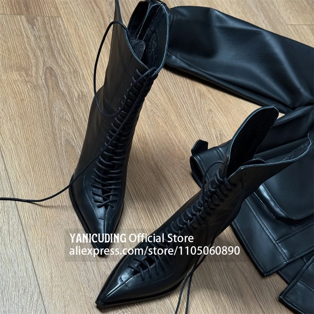 Full Front Woven Lace Up Booties Pointed Toe Stiletto Mid Calf Cutout Boots Customized Multicolor Handmade Women's Winter Boots